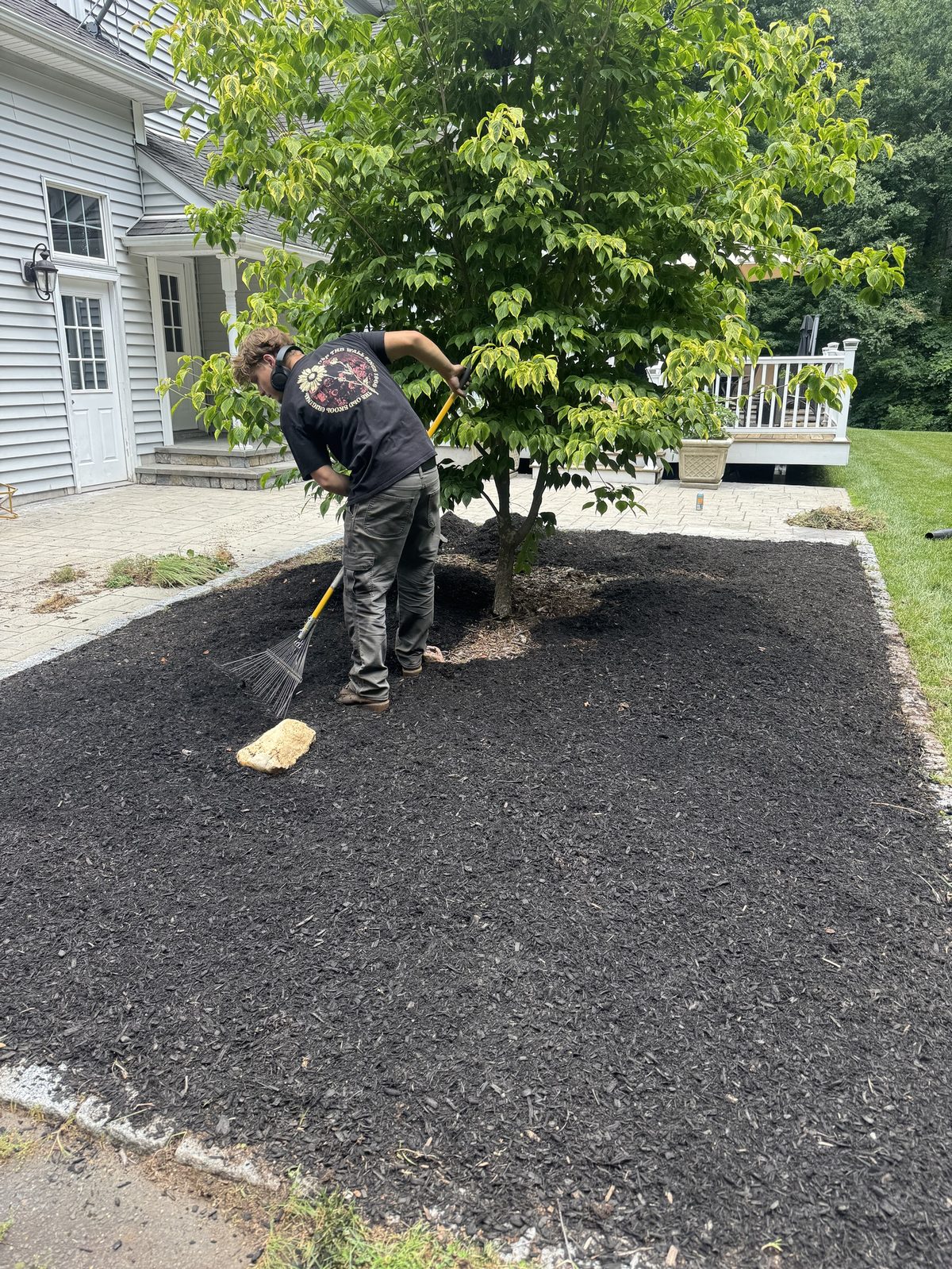 Crew member raking fresh mulch under a dogwood tree beside a paver patio